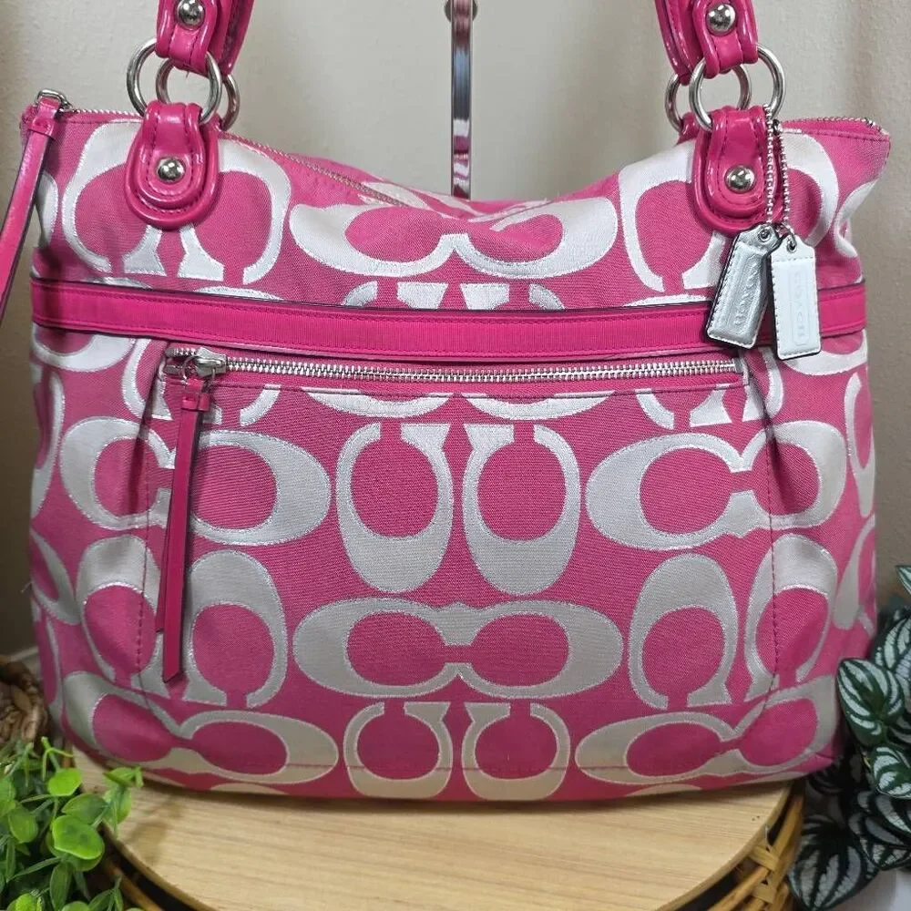 Coach Poppy Metallic Signature Sateen Glam Tote